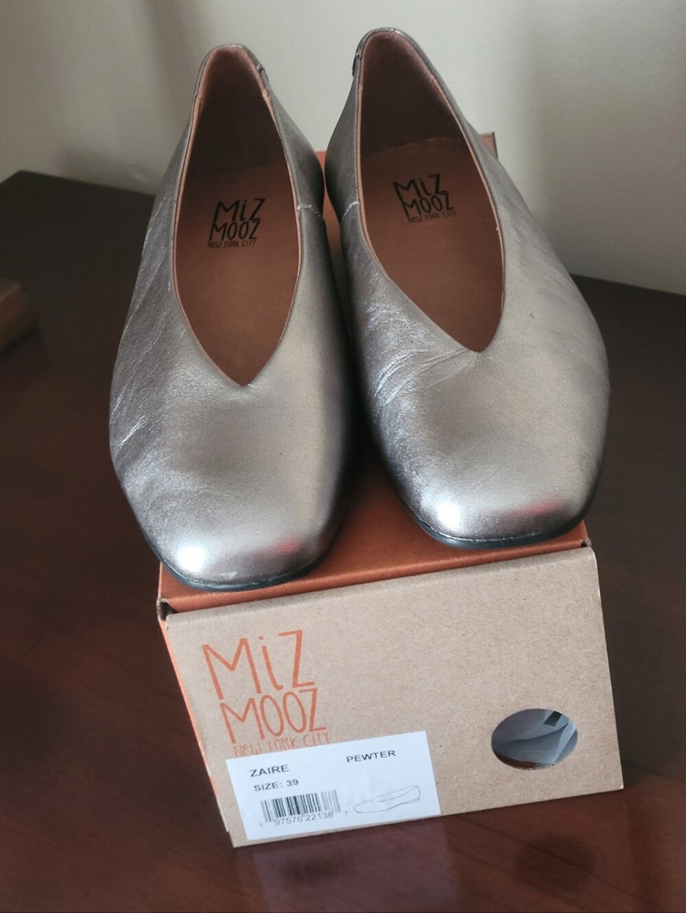 Miz Mooz Metallic Pewter Leather Slip-On Loafers. New In Box.